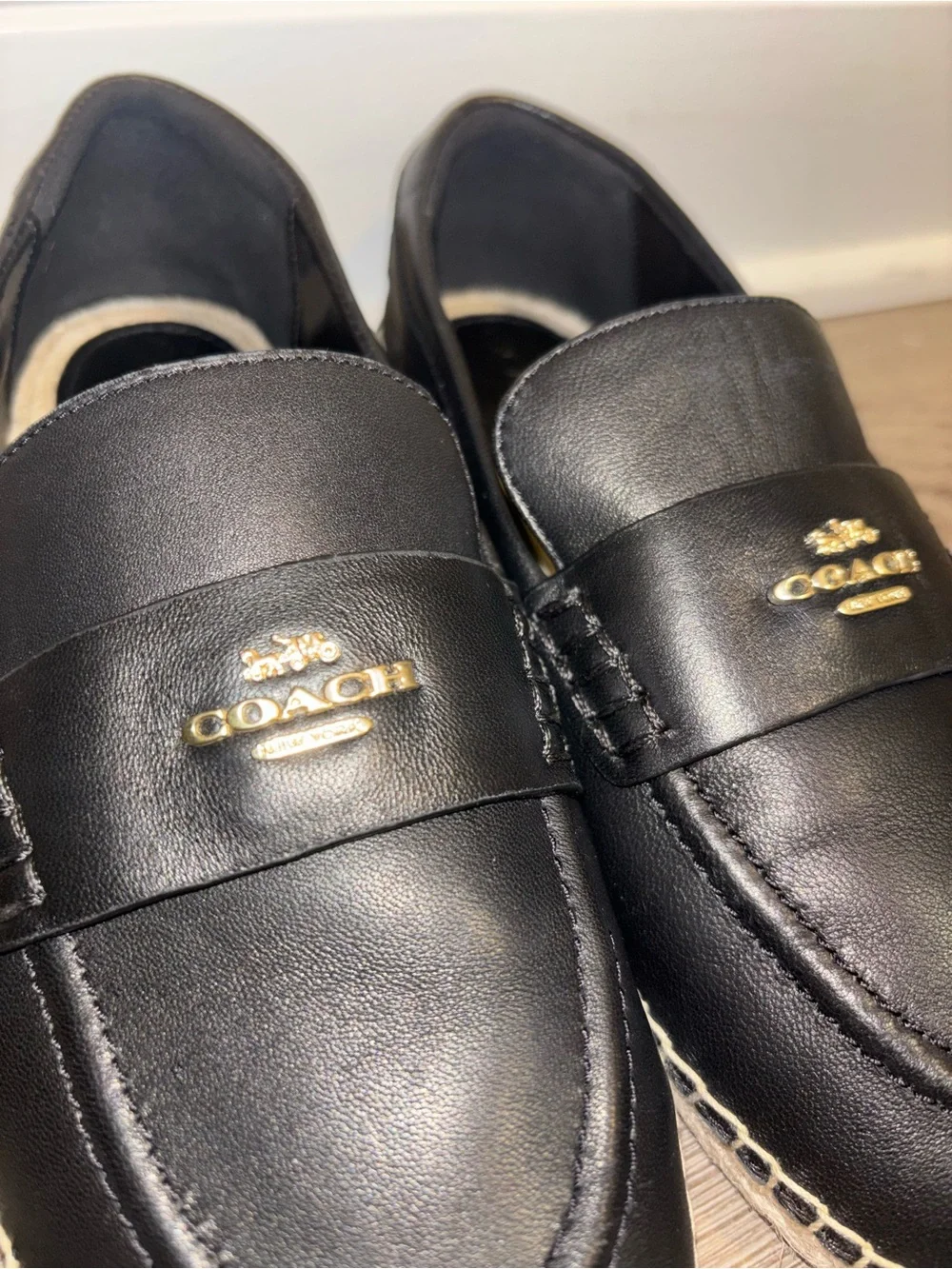 Coach Black Leather Espadrille Loafers with Braided Rope Sole size 6.5 B